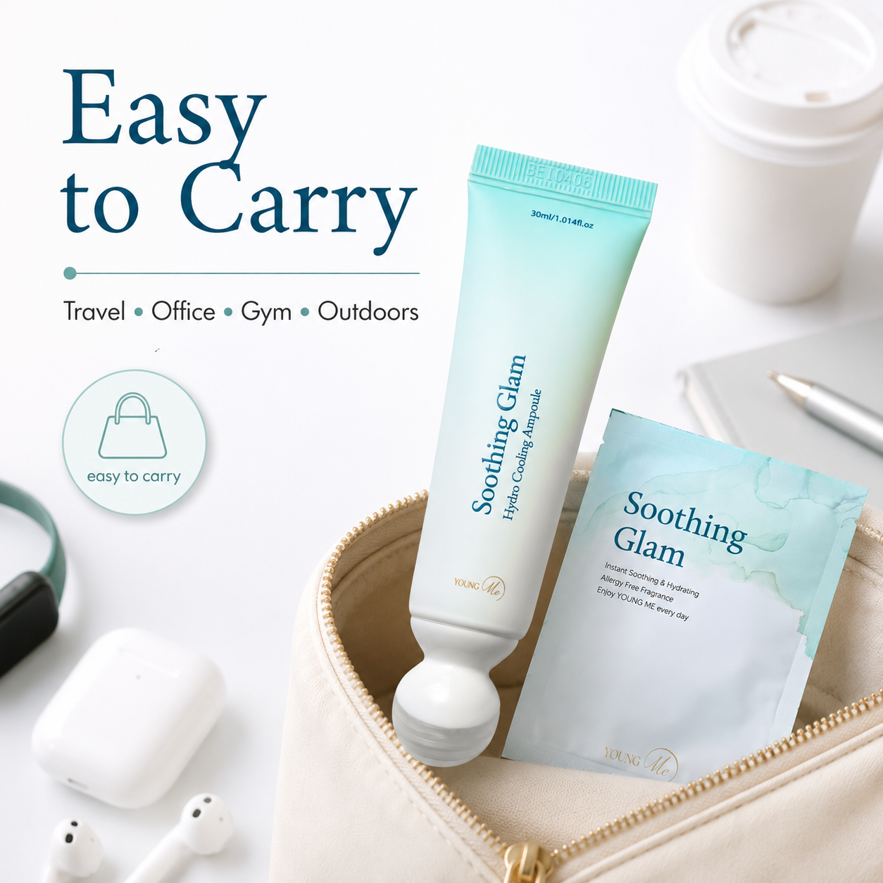 YoungMe Soothing Glam Hydro Cooling Ampoule 30ml | Cooling Metal Roller Applicator | Hydrating & Soothing Korean Skincare