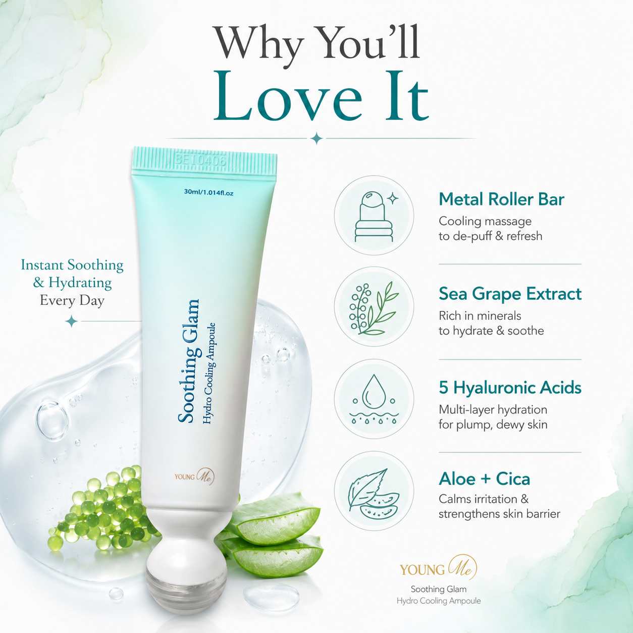 YoungMe Soothing Glam Hydro Cooling Ampoule 30ml | Cooling Metal Roller Applicator | Hydrating & Soothing Korean Skincare