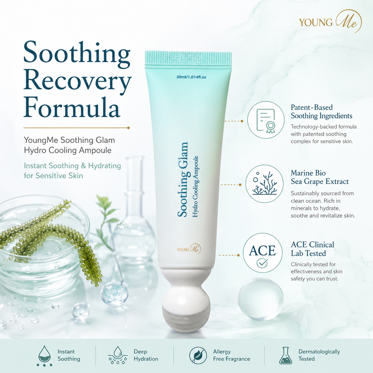 YoungMe Soothing Glam Hydro Cooling Ampoule 30ml | Cooling Metal Roller Applicator | Hydrating & Soothing Korean Skincare