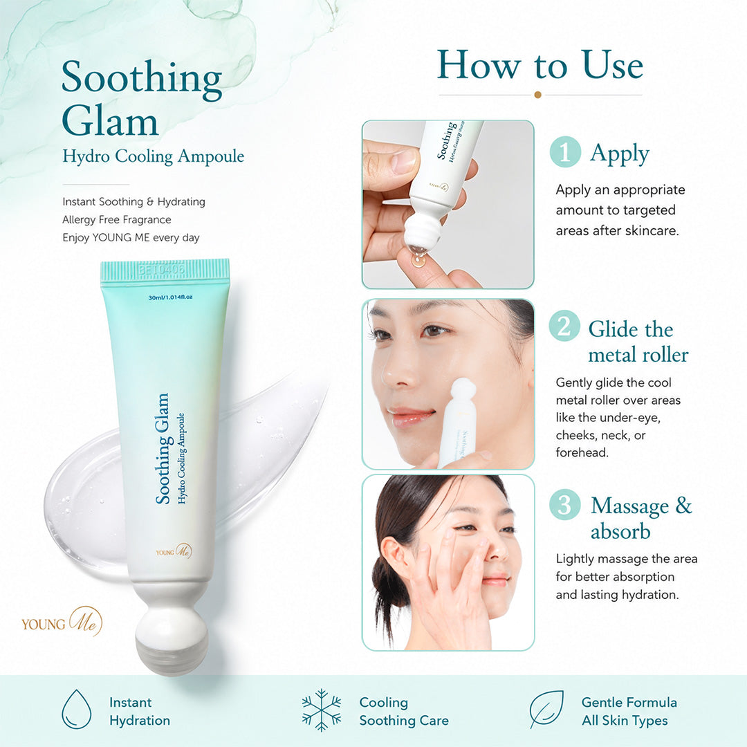 YoungMe Soothing Glam Hydro Cooling Ampoule 30ml | Cooling Metal Roller Applicator | Hydrating & Soothing Korean Skincare